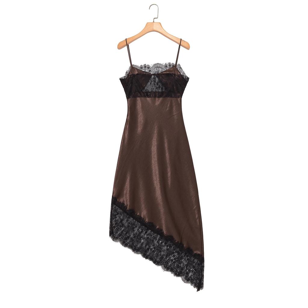 2026 Spring Women's European & American Satin Lace Asymmetrical Camisole Dress