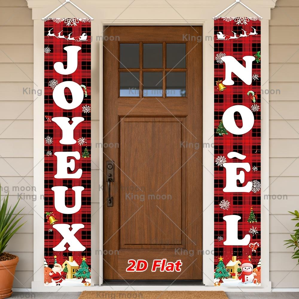 2D Flat, 1pc Large French Merry Christmas Banner "Joyeux No?l" - Red & Black Buffalo Plaid Door Sign with French/English Text, 179.83cm x 29.97cm Holi