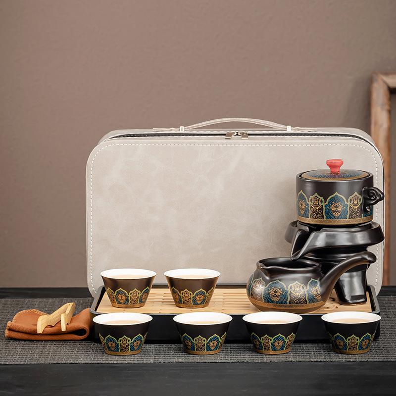 Portable anti-scalding portable teapot high-end gift box blue ancient rhyme lazy automatic tea set office business