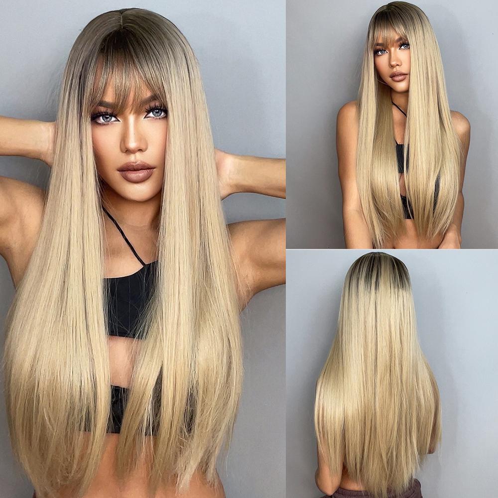 Long Straight Synthetic Wig with Bangs Dark Black Gray Hair Wigs for Women Cosplay Natural Hair Heat Resistant Layered Wigs