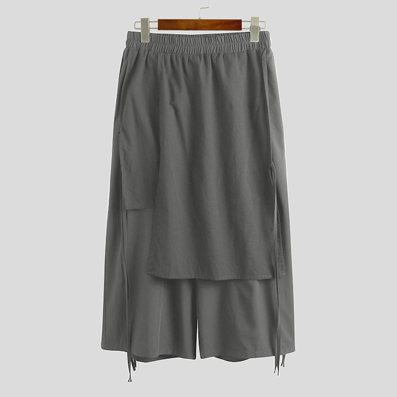 INCERUN Men Solid Color Casual Pants Joggers Elastic Waist Loose Irregular Skirt Trousers Men Streetwear Harajuku Cropped Wide Leg Pants