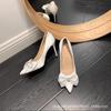 [Spot] French bow rhinestone pointed black high heels women's thin heels new sexy pointed single shoes women