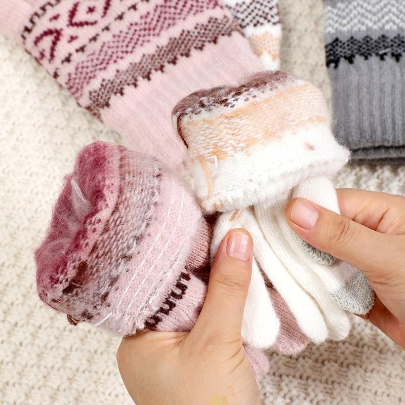 Winter double-layer thickened knitted gloves velvet men's and women's thermal gloves cycling contrasting striped windproof gloves