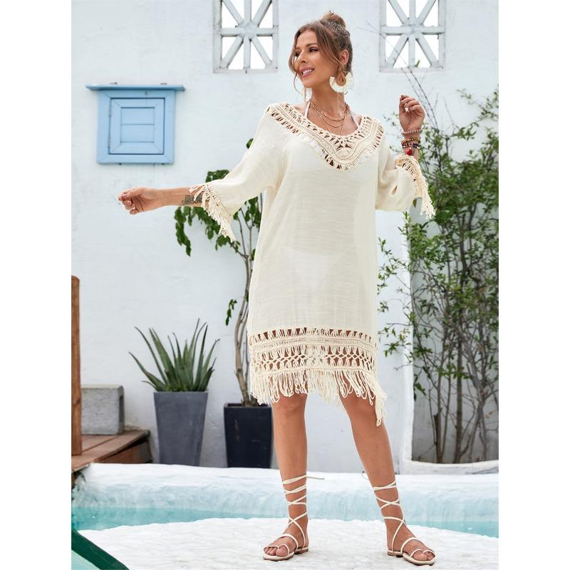 Damen Strand Hoodie Quaste Langes Strandkleid Patchwork Strandrock