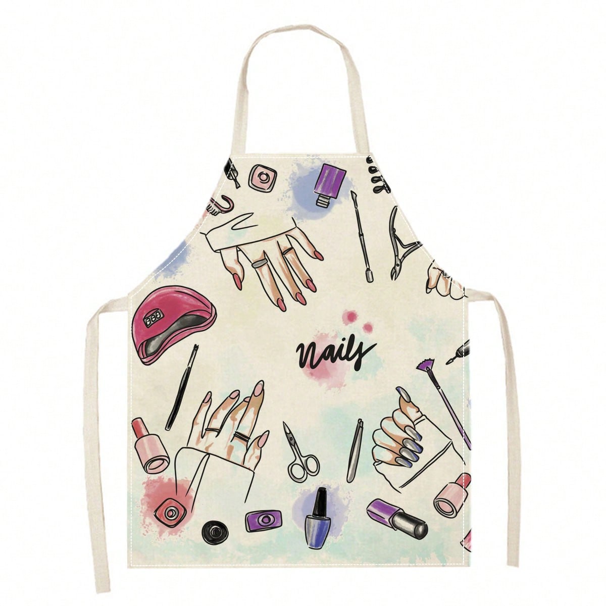 

Nail Art Apron, Manicure Tools Pattern, Pink Purple Watercolor Design, Salon Uniform for Women, Beauty Tech Cooking Smock 38x47cm