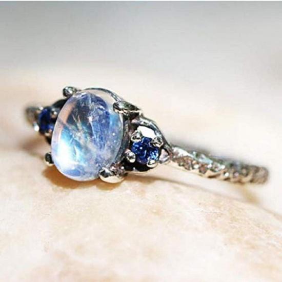 Simple 925 Silver Moonstone Ring Women Engagement Wedding Promise Band Ring Size 6-10 US 6