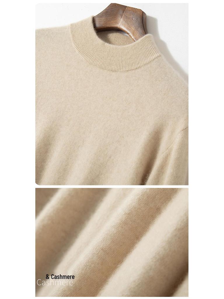 Men's Autumn Winter Wool Cashmere Pullover Sweater, Half High Neck, Solid Color, Plus Size