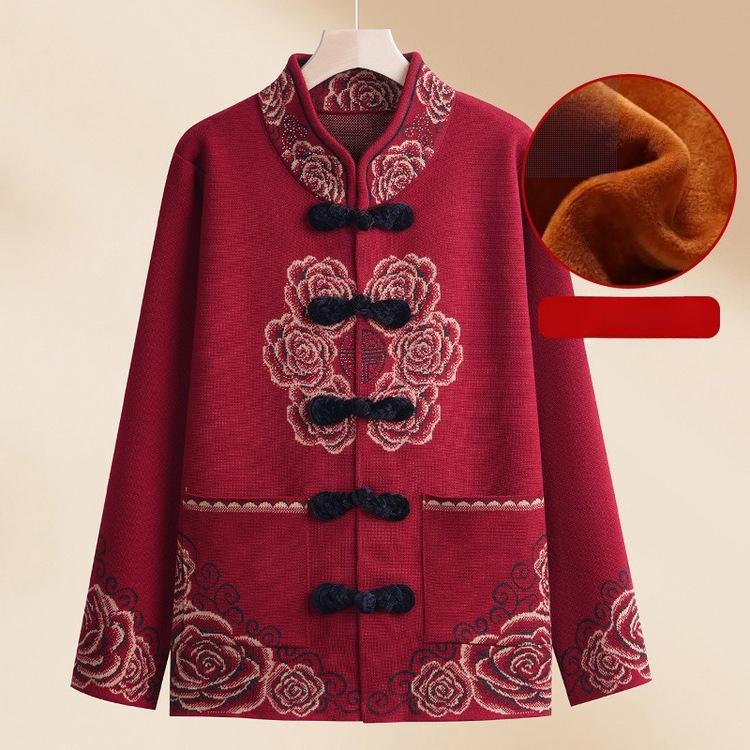 Middle-aged and Elderly Female Grandmother In Spring Coat Old Lady Autumn and Winter Zodiac Year Mother Wears Red Sweater Plus Velvet Thickened