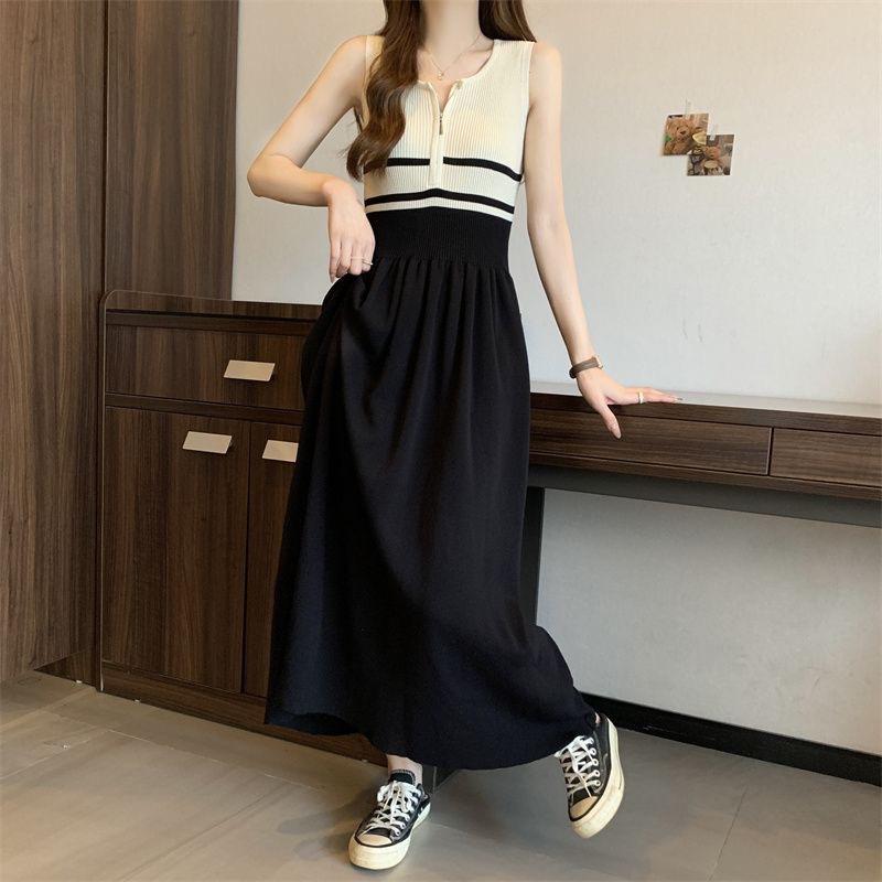Striped Sleeveless Vest Knitted Dress New Summer Women's Design Sense Waist Cinching Art High-end Feeling Skirt