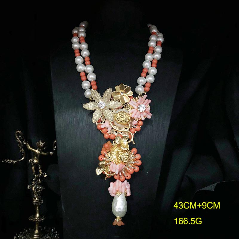Medieval Jewelry Heavy Industry Design Elegant Pink Flower Design Necklace Handwoven Beaded Sweater Chain