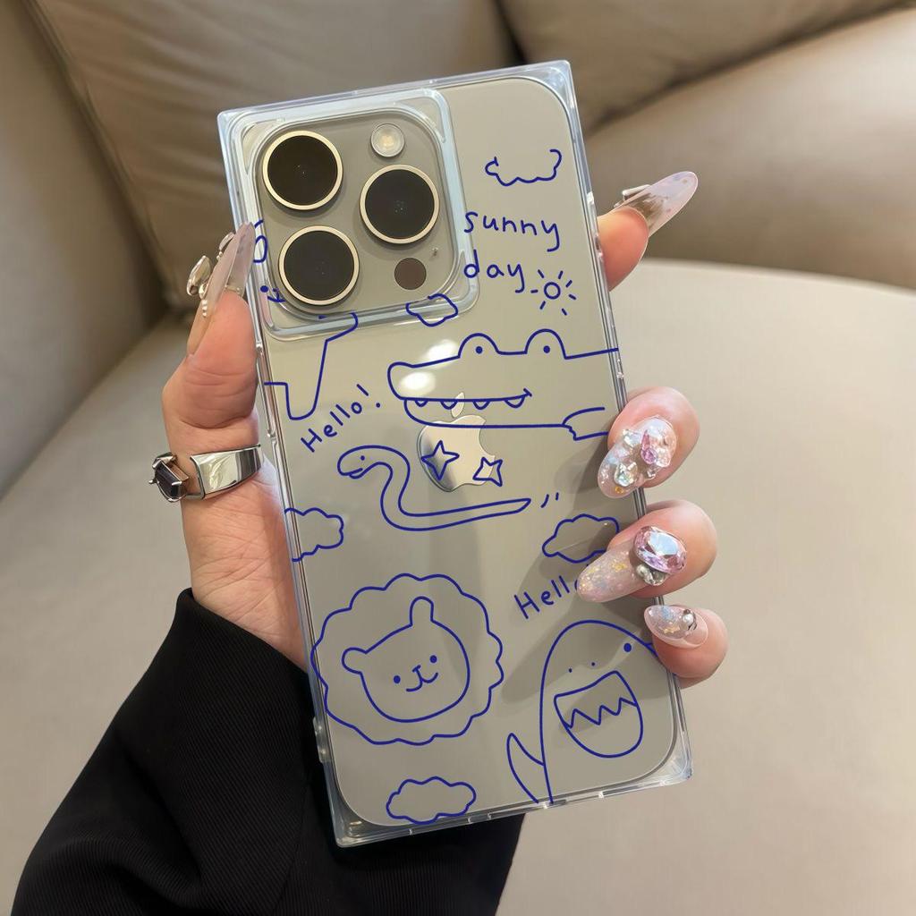 Clear Square Back Tube Case Protection For iPhone 15 Plus 14 Pro Max 11 12 16 ProMax 13 Anti-Oxygen,Cartoon Crocodile Pattern Casing