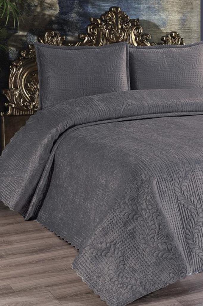 Velica Samt-Tagesdecken-Set, 3-teilig, Bettdecke 250 x 260, Kissenbezug 50 x 70, Doppelbettgröße, Queen-Size-Bett, Anthrazit