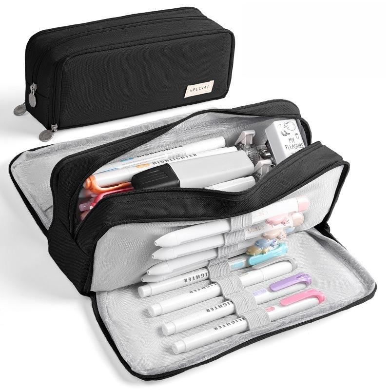 Large Capacity Three-Layer Zipper Pencil Case with 8 Pen Slots and 4 Inner Pockets in Oxford Cloth, Available in Multiple Colors