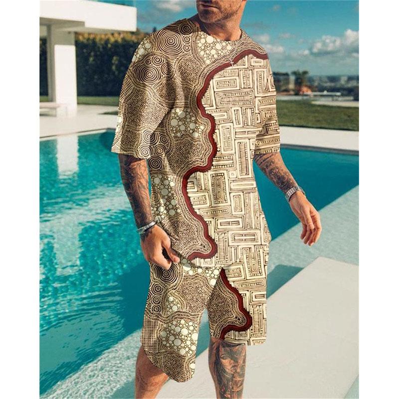 

Мужской летний костюм с принтом в виде линии, простая спортивная футболка с плетением, свободный повседневный костюм, шорты с коротким рукавом, мужской летний костюм 6XL