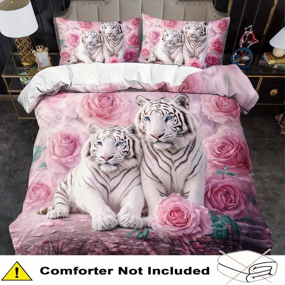 3pcs Pink Bedding Set Rose Flowers Tiger 3D Printed Cozy Soft Duvet Cover King Queen Twin Size Birthday Gift Adult Bedroom Decor