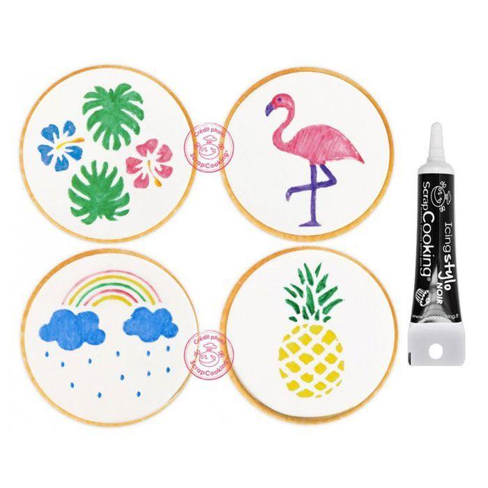 4 feutres alimentaires jaune, vert, rose, bleu + Stylo de glaçage noir