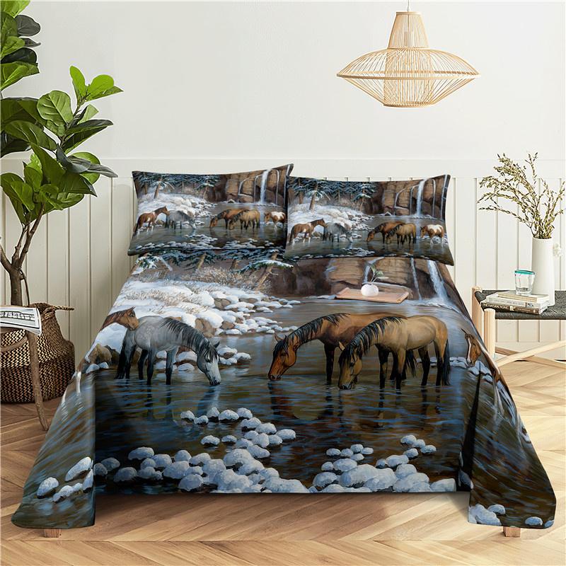 White Horse Bed Sheet 2/3pcs Set 3D Printed Animal Polyester Bed Flat Sheet With Pillowcase Bed Linen For Kids Baby Adult