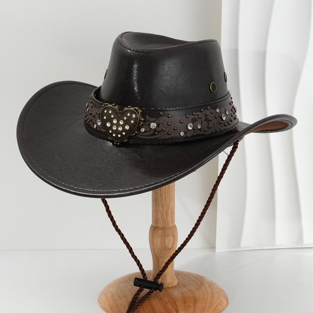American retro western cowboy hat, love rhinestone imitation leather visor, outdoor windbreak rope multi-color optional