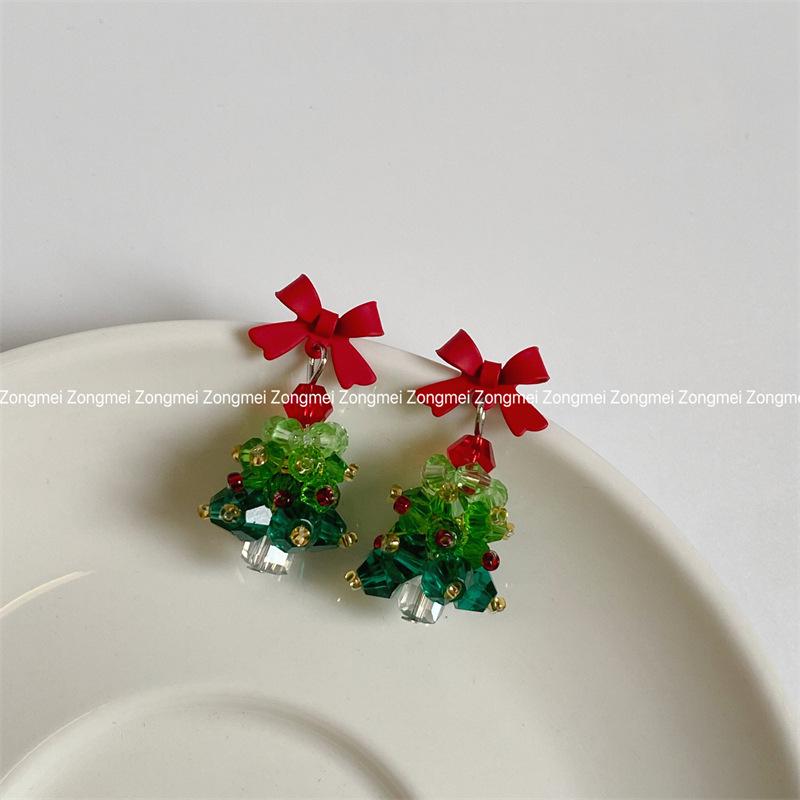 

Серьги в форме 3D-елочки с красным бантом - массивные бисерные хрустальные клипсы, ручная работа, праздничные аксессуары