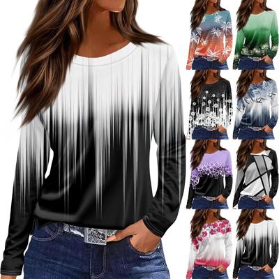 Women's Fashion Casual Slit Hem Round Neck Long Sleeve Loose  Printed T-Shirt Ladies Top