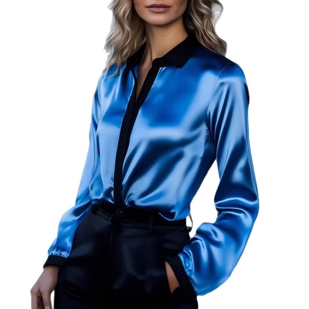 Spring Women's Colorblock Satin Long Sleeve Shirt Commuter Elegant Blouse For Crossborder