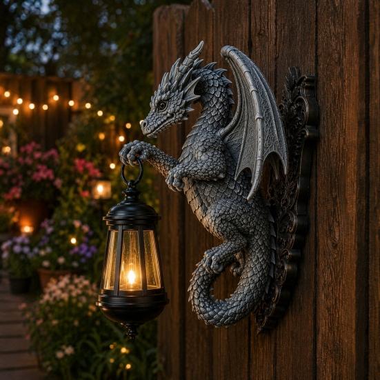 Solar Dragon Wall Light Vintage Resin Outdoor Dragon Sculpture Lamp Waterproof Gothic Garden