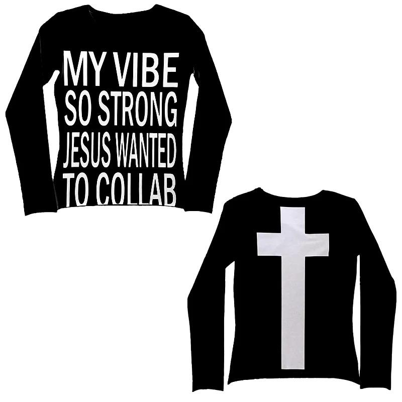 

Vintage Harajuku Gothic Hip Hop Emo Girl Casual Long Sleeve Tee Sexy Slim Chic Print Crop Top Grunge Punk Women s Y2K Streetwear M чёрный