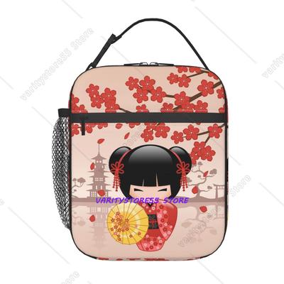 Japanische Rote Sakura Kokeshi Puppe Isolierte Lunch-Tasche für Damen Niedlich Girly Kirschblüte Tragbar Thermokühlbox Essens-Lunchbox