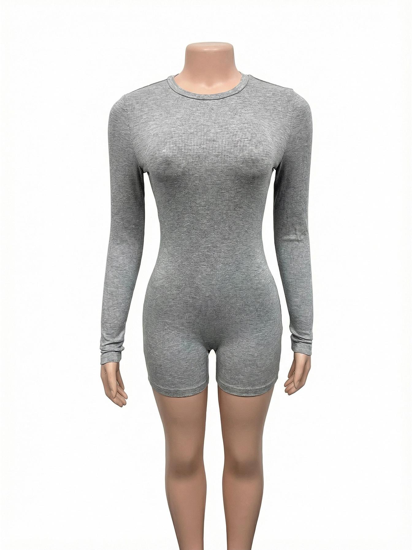

2026 Spicy Girl Slim Fit Long Sleeve Round Neck Jumpsuit Shorts - Women s Fashion Fitness Wear Small серый
