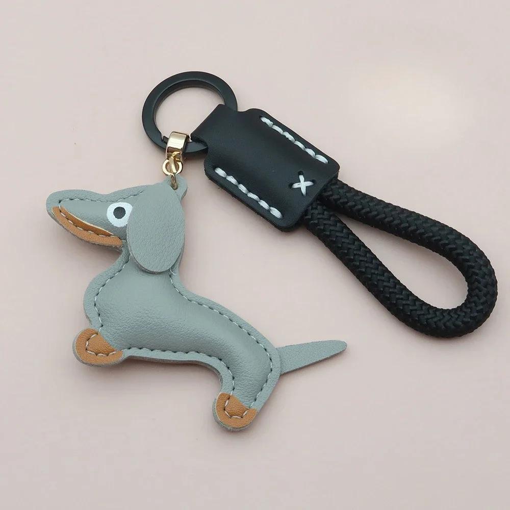 Custom Number Sausage Dog Leather Keychain Pendant Personalized Cartoon Keyring with Braid Rope Bag Car Key Ring