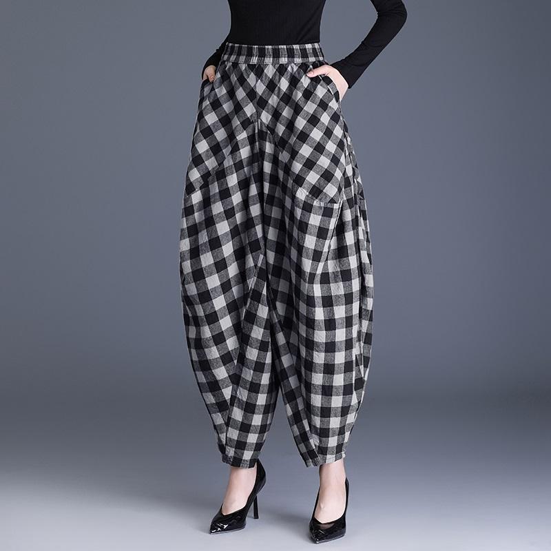 cotton plus size vintage plaid high waist casual loose spring autumn Pants Women Loose Casual Trousers