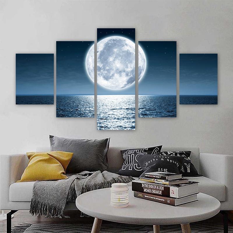 5 Panels Moon Sea Posters Canvas Painting Landscape Pictures Night Views Wall Art For Living Room Modern Home Decor No Frame
