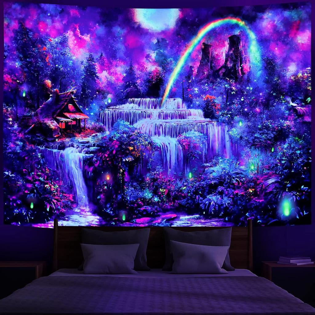 Racunbula Blacklight Tapestry Fantasy Forest Tapestry UV Reactive Waterfall Rainbow Tapestries Misty Jungle Plants Nature Landscape Tapestries Wall