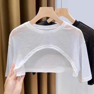 Sunscreen Tops Women Short Sleeve Round Neck Tee Shirt Solid Color Thin Perspective Effect