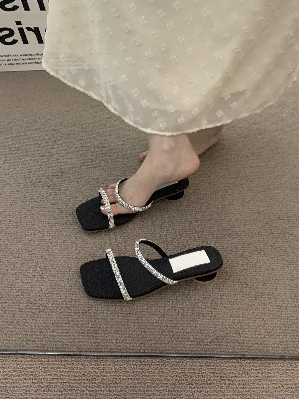 

Coarse heel high-end black rhinestone cool slippers women s shoes outer wear temperament with skirt sandals 35 чёрный