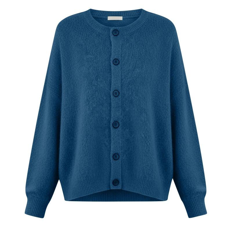 Autumn and Winter Women's Knitted Round Neck Long Sleeved Solid Color Casual Fashion Knitted Cardigan
