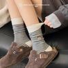 Women's Striped Embroidered Puppy Mid-calf Cotton Socks, Grey Simple Rolled-up Student Socks, Dui Dui Socks, Cute and Versatile