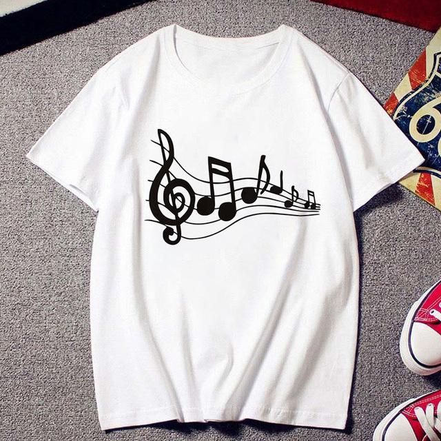 Fashion Creative Musical Note Printed T Shirt Female Harajuku Tshirt Ulzzang Clothes Vintage New White T -Shirt Women Tees Tops