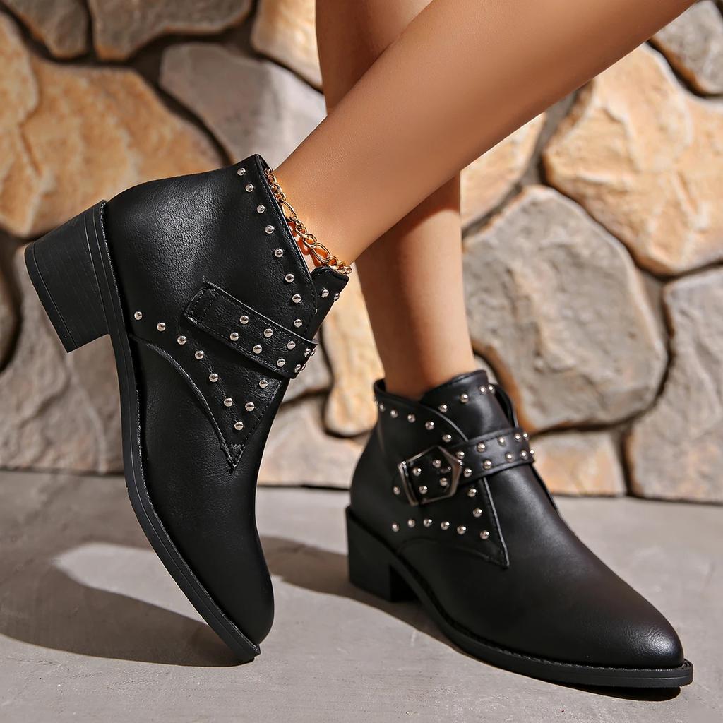 Fashion Fashion Rivet Motorcycle Boots for Women Retro Pointed Toe Thick Heeled Black Ankle Boots Woman Autumn Winter PU Leather Booties
