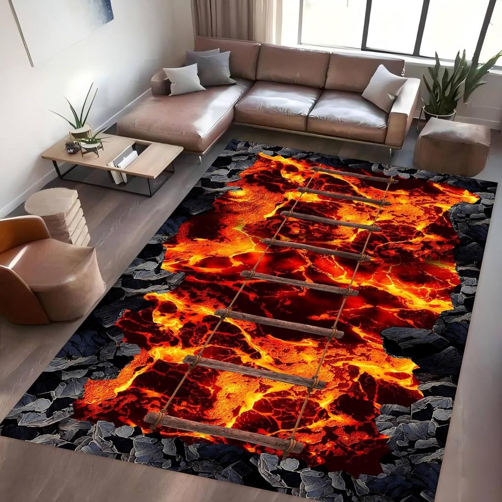 3D Optical Illusion Lava Area Rug Rock Cracks Print Floor Is Lava Rug,Fun Abstract Lava Play Mats for Children Playing Carpet