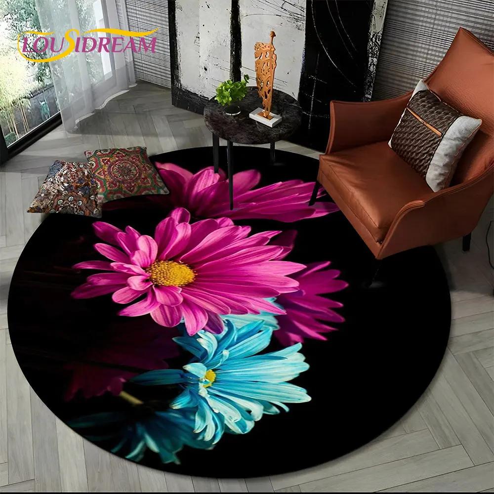 3D Daisy Nordic Flower Sunflower Round Area Rug,Carpet for Living Room Children's Bedroom Sofa Playroom Decor,Non-slip Floor Mat