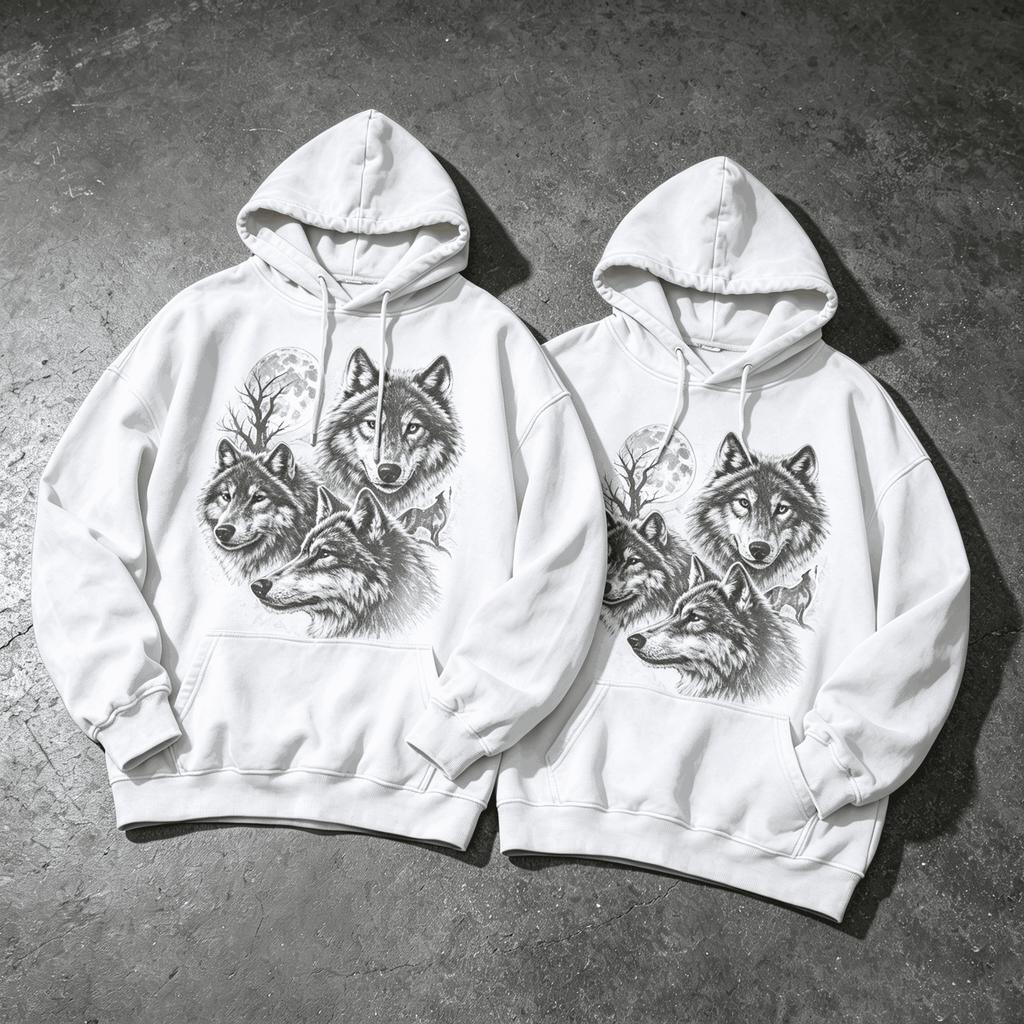 Long Sleeve Pullover Hoodie, Unisex Vintage Wolf Moon Graphic Print Cotton Sweatshirt, Loose Streetwear Hooded Top for Men Wome