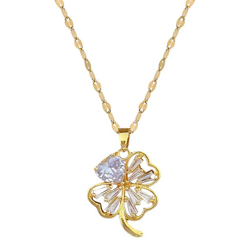 Titanium Steel Micro-Inlaid Necklace Earrings Set Light Luxury Four-Leaf Flower Personality Temperament Banquet Earrings Necklace Combination