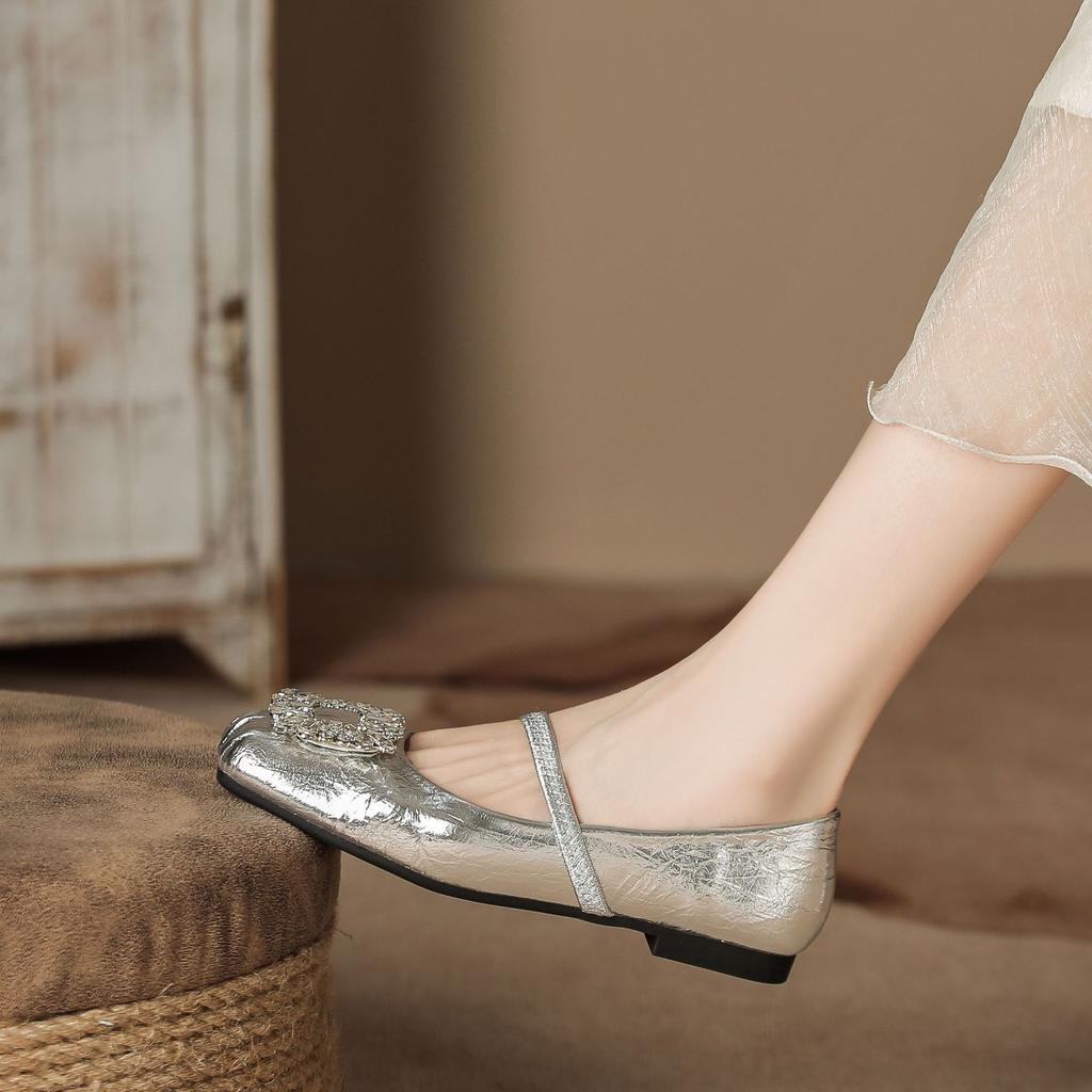 H83-3 silver casual women's shoes soft sole with large rhinestone square head shoes children's Internet celebrity ballet shoes Doudou shoes