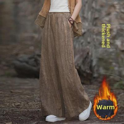 Women's Tie-Dye Cotton & Linen Wide-Leg Trousers with Velvet & Thickened Ramie