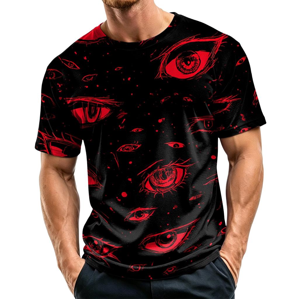 Men's Casual Short Sleeve T-Shirt Lightweight Breathable Fabric Crew Neck Halloween Eye Pattern Printed Top for Everyday Wear