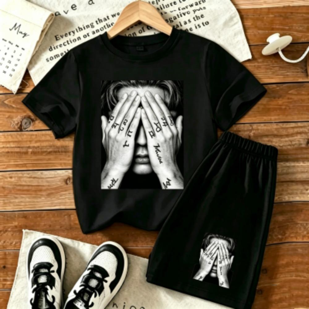 Kids Tattoo Boy Fun Printed 11 Colors Outdoor Street Kids T-shirt and Shorts 2 Piece Set Summer Home Casual Outfit Boy and Girl s Sports Set 100