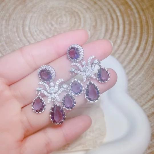 Retro purple gemstone crystal stud earrings fringed elegant light luxury temperament versatile exquisite high sense water drop earrings