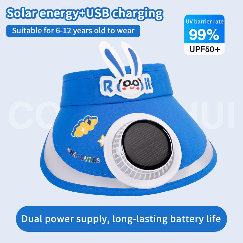 Cute Rabbit Kids UPF50 Sun Visor Hat Solar Rechargeable Cooling Fan for Summer Outdoor Activities G