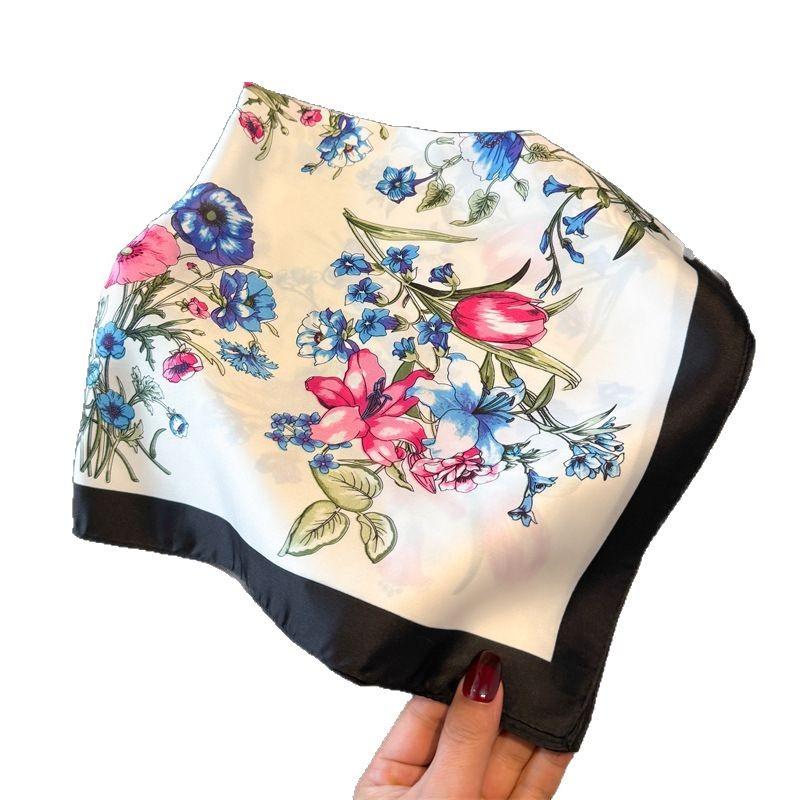New version of plant and flower 71cm small square scarf simulated silk scarf headscarf printed neck protection scarf professional scarf scarf scarf